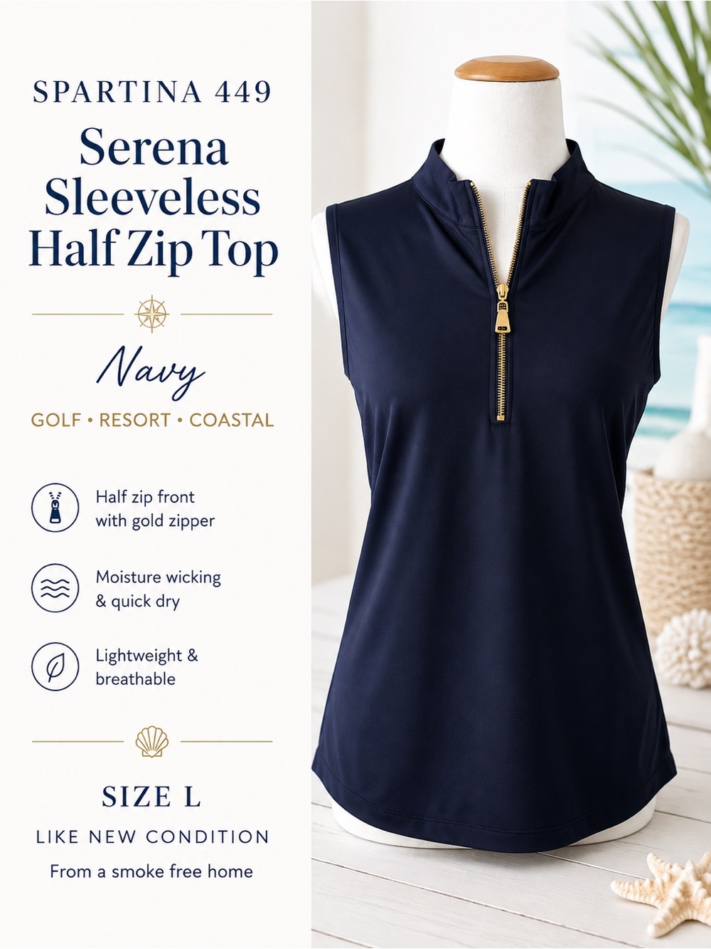 Spartina 449 Serena Sleeveless Half Zip Top Navy Golf Resort Size L